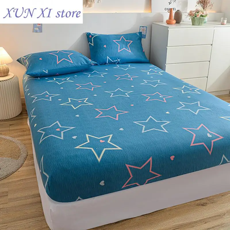 Новые простыни для двуспальной кровати натяжные с принтом синих звезд плотный