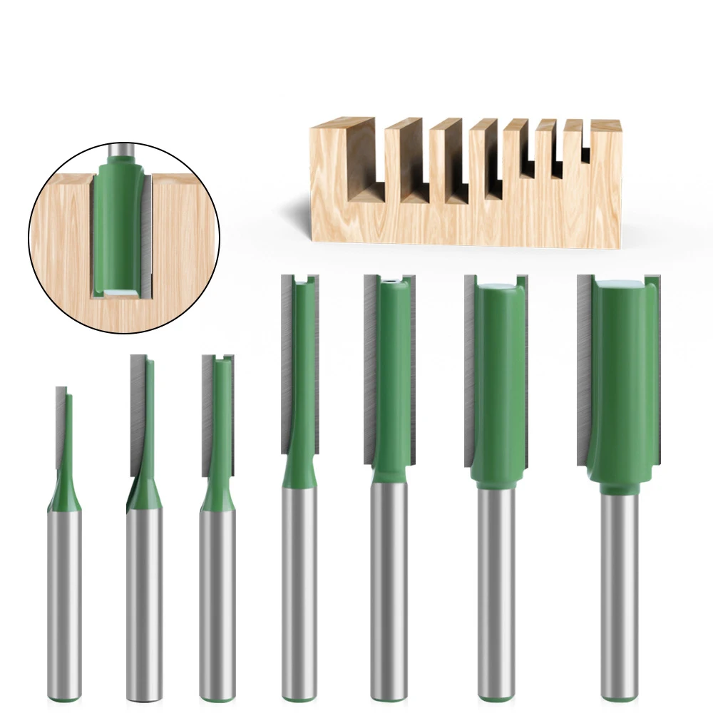 7pcs Green 1/4 Handle Single and Double Straight Edge Trimmer Slotting Cutter Engraving Machine Milling Cutter Tool