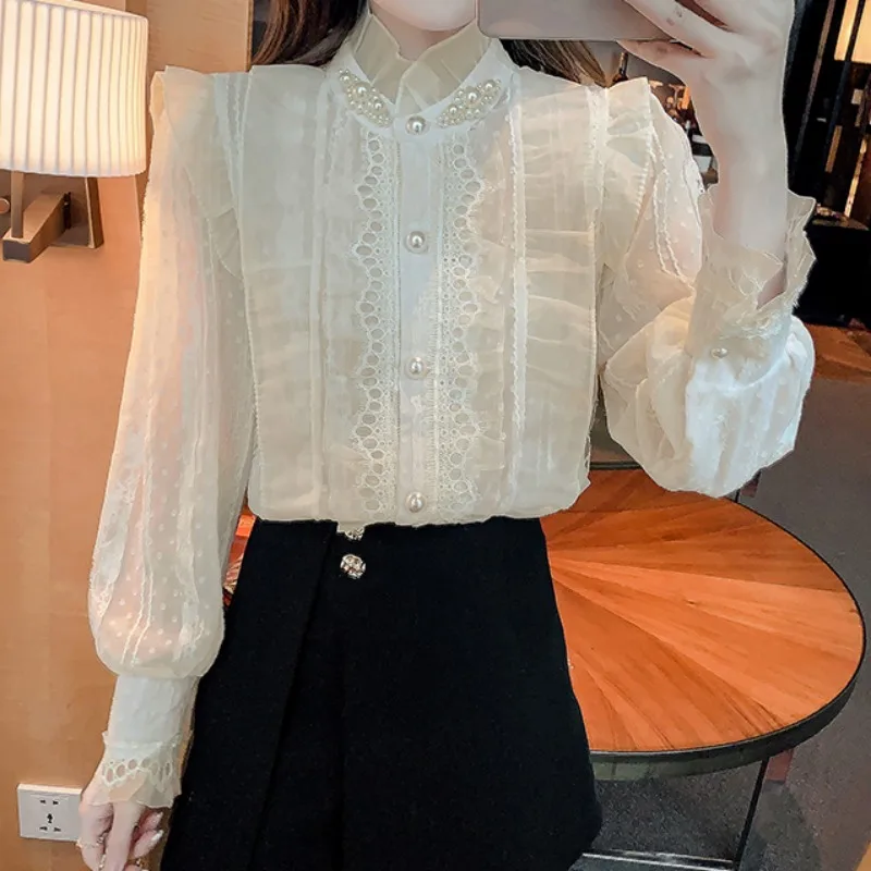 Кружевные женские рубашки и блузки Matakawa однотонные элегантные во французском