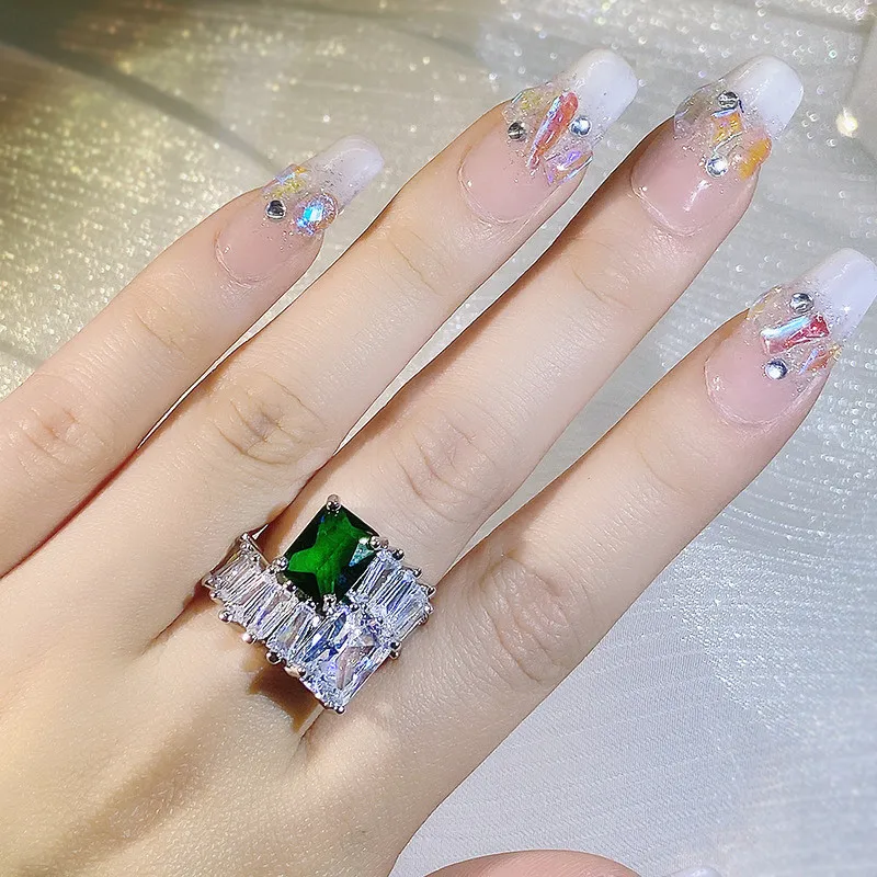 

Size 7 Statement Big Shinning Zircon Green Open Rings For Women Personality Wedding Party New Jewelry Ring