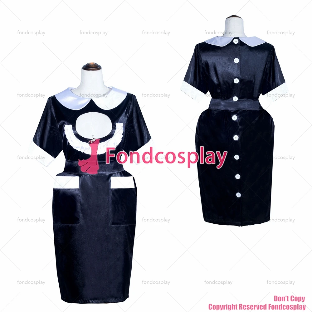 

fondcosplay adult cross dressing sissy maid French black satin Dress Lockable Peter Pan collar white buttons CD/TV[G4031]