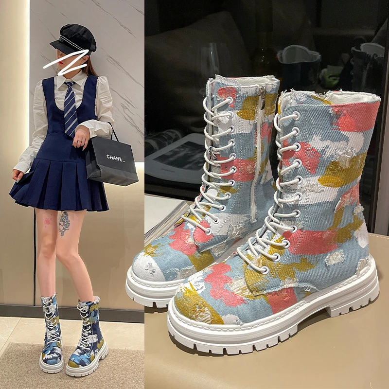

Womens Denim Ankle Short Boots Lace Up Mixed Color Fashion Comfortable Camouflage Canvas Shoes Woman Graftti Motorcycle