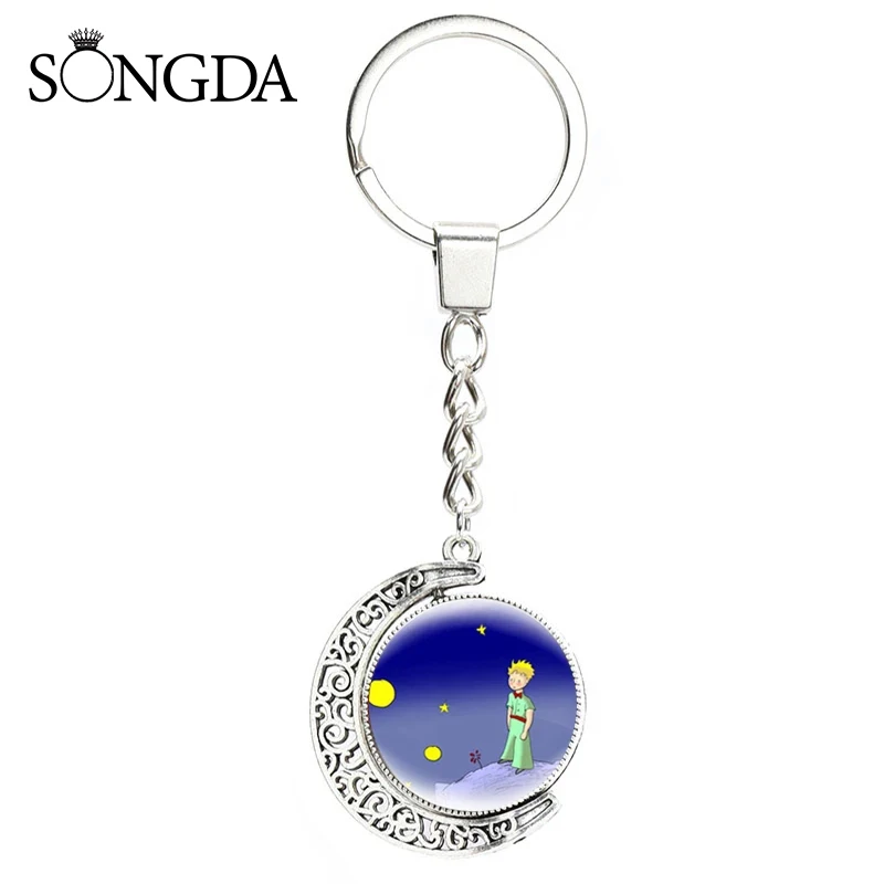 

Little Prince Keychian Cute Glass 360 Degrees Rotated Moon Pendant for Bag Chain Double Sided Keyring Trendy Jewelry Friend Gift