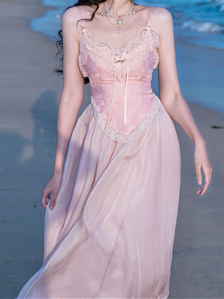 Женский сарафан на бретелях-спагетти розовое платье без рукавов с открытой