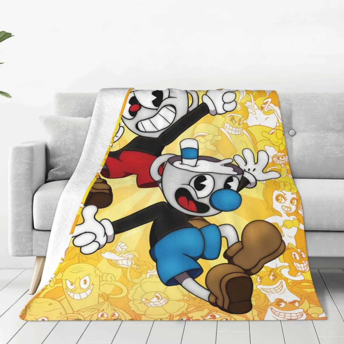 

Cuphead Mugman And The Bosses Blanket Soft Fleece Warm Flannel Cartoon Game Throw Blankets for Sofa Outdoor Bedding Bedspread