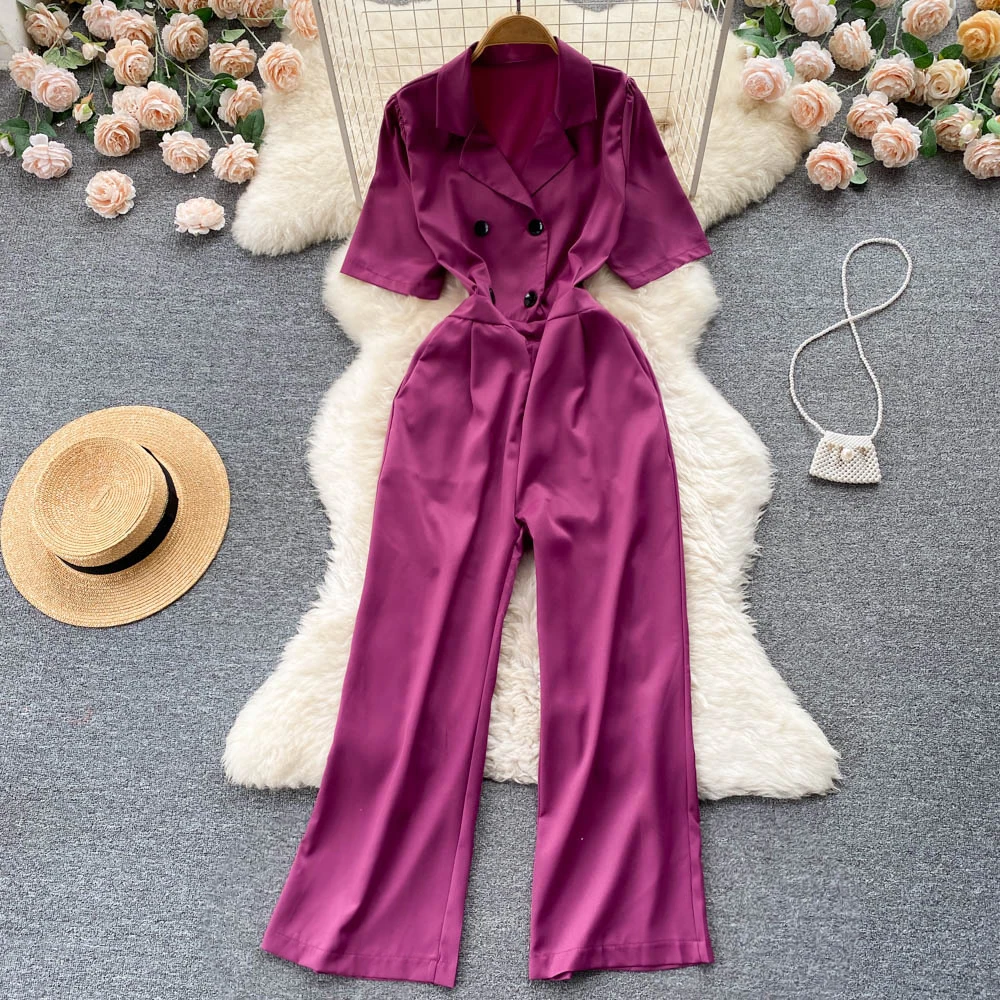 

Ladies' Lapel Double Breasted Professional Short Sleeved Jumpsuit Women's New Fashion Summer Loose Wide Leg Overalls G883