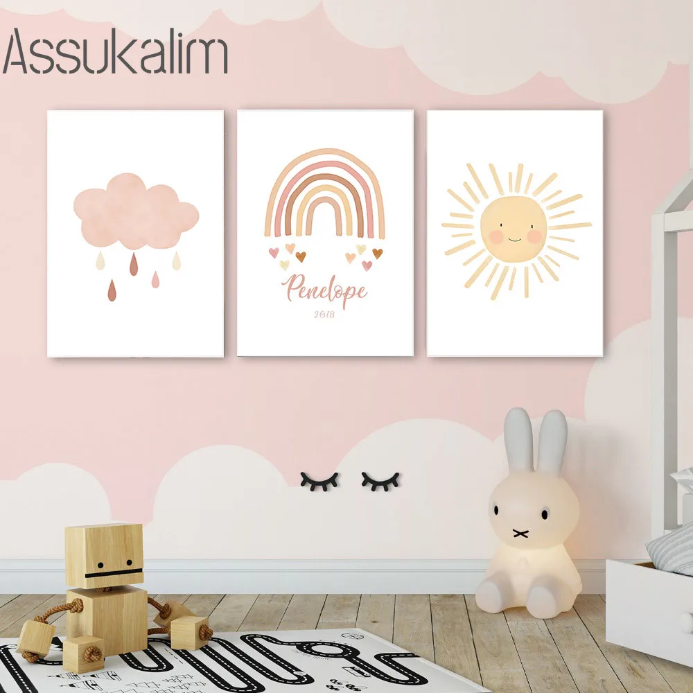 

Rainbow Sun Cloud Art Print Custom Name Poster Pink Wall Poster Nursery Canvas Painting Kids Wall Pictures Baby Girl Room Decor