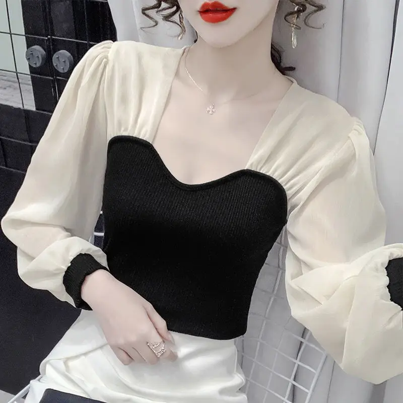 

Spring 2022 New Chiffon Long Sleeve Spliced Pullover Sweater Women's Thin Slim Fit Western Style Lantern Sleeve Top