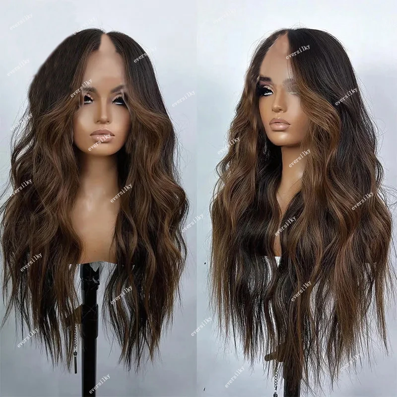 Highlight Chocolate Brown V Part Wig 100% Human Hair Wig Loose Wavy OMbre Blonde U Shape Wigs Indian Remy Hair Glueless Full End