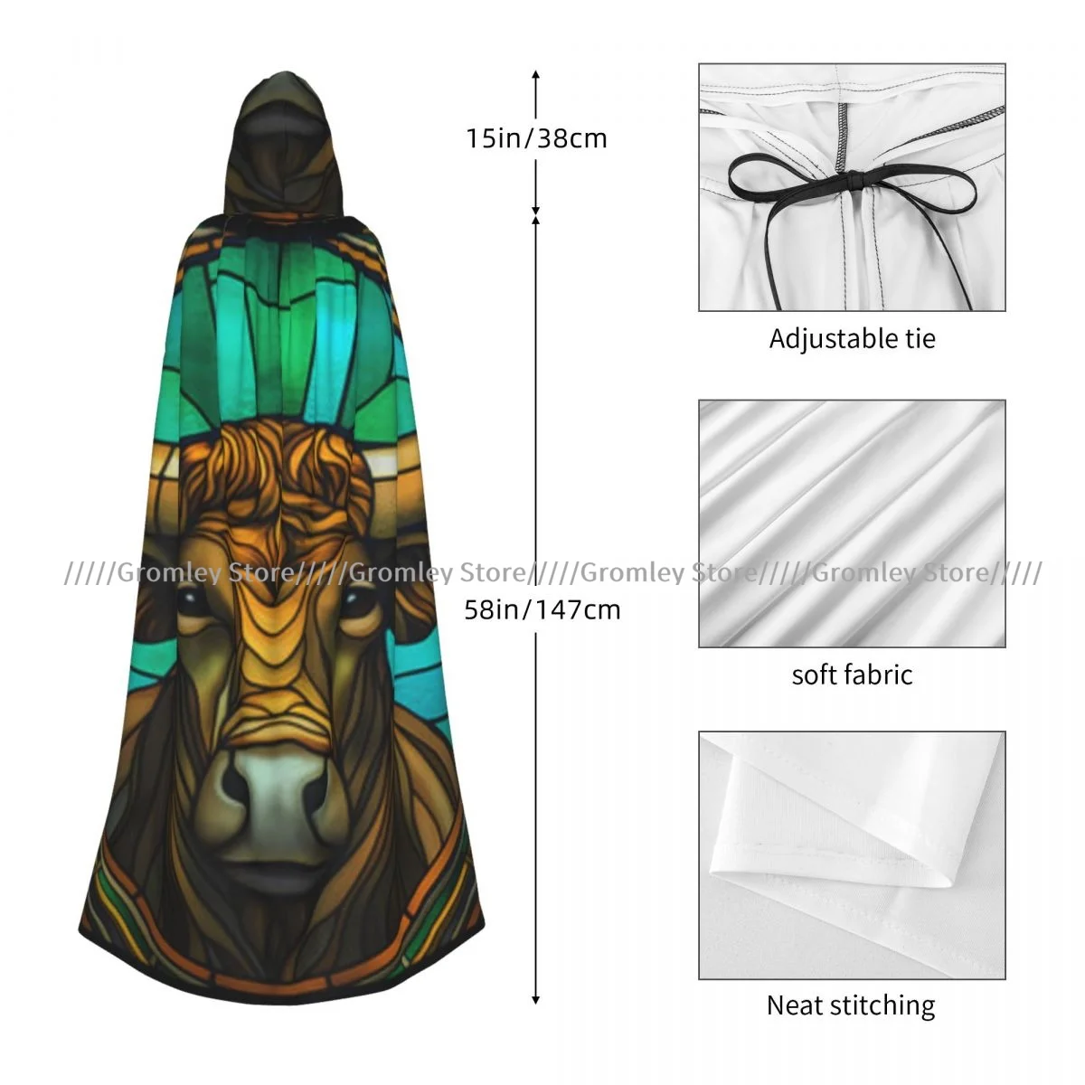 Длинный халат ведьмы с капюшоном в стиле витражного стекла накидкой быка на
