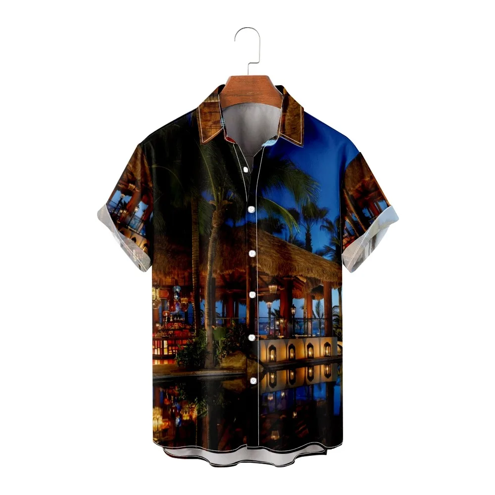 

Мужская гавайская рубашка, Повседневная пляжная Свободная рубашка с 3D-принтом пальмы, маяков, с короткими рукавами