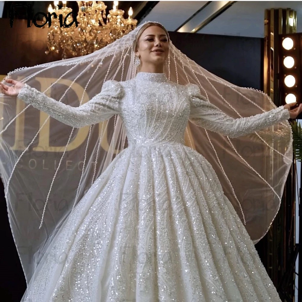 Великолепное бальное платье с бисером, свадебное платье 2023, белое свадебное платье с длинным рукавом, высоким воротом и шнуровкой, платье принцессы, свадебное платье, Vestido De Noiv