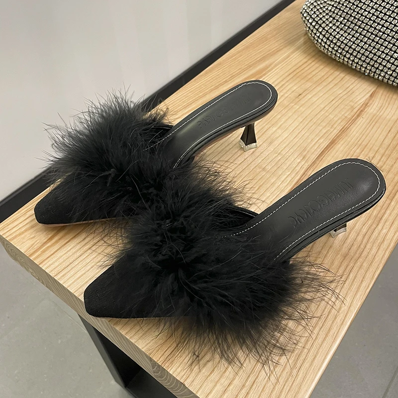 

High Heels Slingback Suede Slippers Women Shoes Mules Fur Sexy Sandals 2022 Summer Party Slides Wedding Flips Flops Mujer Shoes