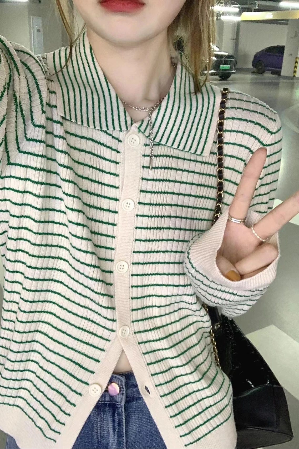 Green Stripe Turn Down Collar Neck Thin Knitted Cardigan Top Thin Sweater Coat Female  Korean Clothes Women Vintage Cropped