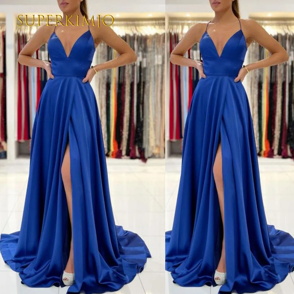 

SuperKimJo Vestidos De Boda Invitada Satin Prom Dresses Long Royal Blue Cheap A Line Prom Gown Vestidos De Cocktail