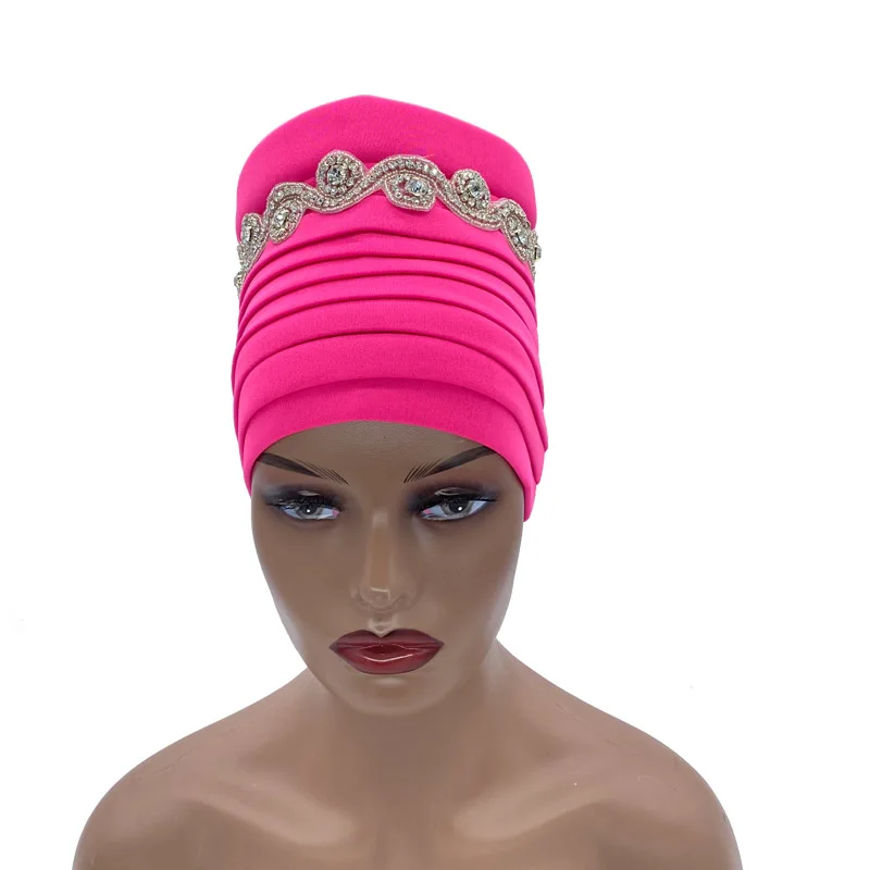 

Muslim Head Wrap Nigeria Turbans Wedding Gele Headtie Ladies Fashion Bonnet Rhinestone Luxury Pleated African Women's Turban Cap
