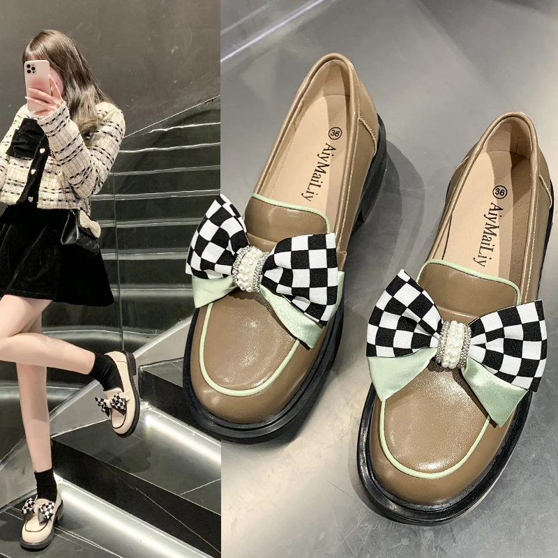 

Women's Single Shoes Casual Thick Heel Shoes Retro Mary Jane Shoes 2022 Autumn bow tie Thick Sole black Small Leather Shoes