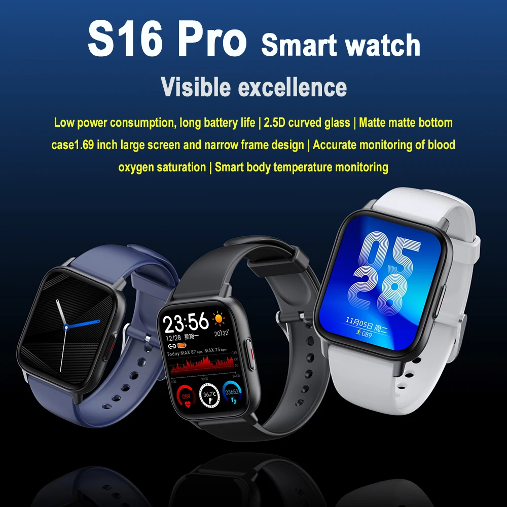 

Умные часы горячая Распродажа S16 с датчиком температуры тела и уровня кислорода в крови, часы с Bluetooth-оповещением, многофункциональные спортивные умные часы с Шагомером