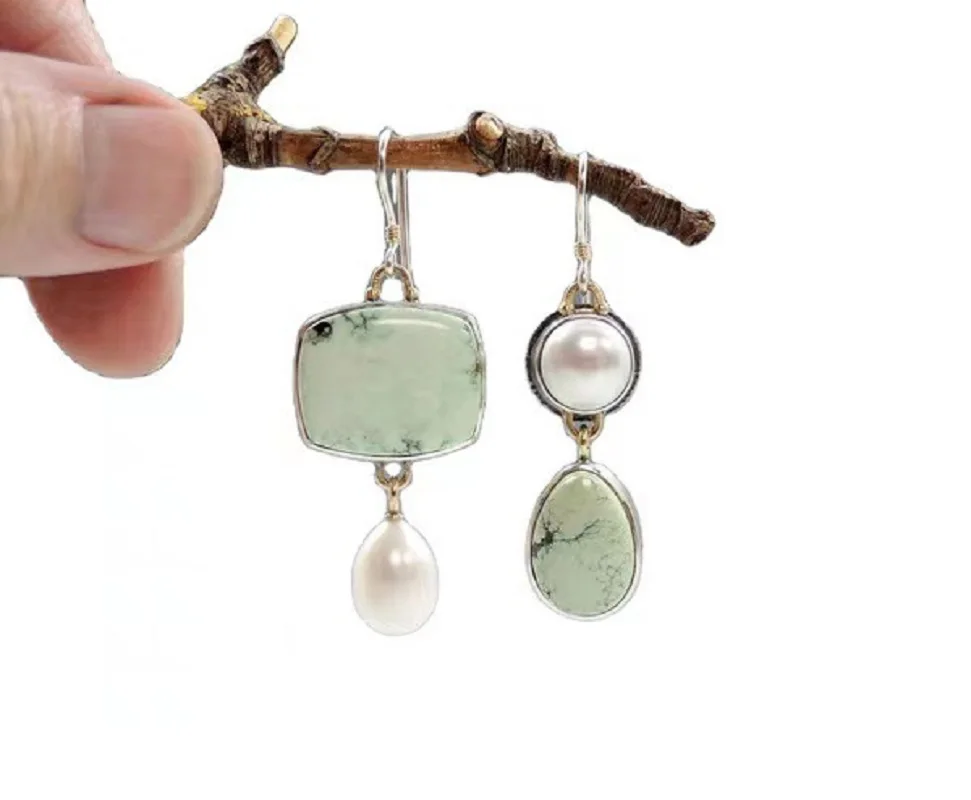 

Simulated Pearl Earrings For Womens Jewelry Vintage Asymmetry Green Stone Dangle Earring Wedding Engagement Party Accessories