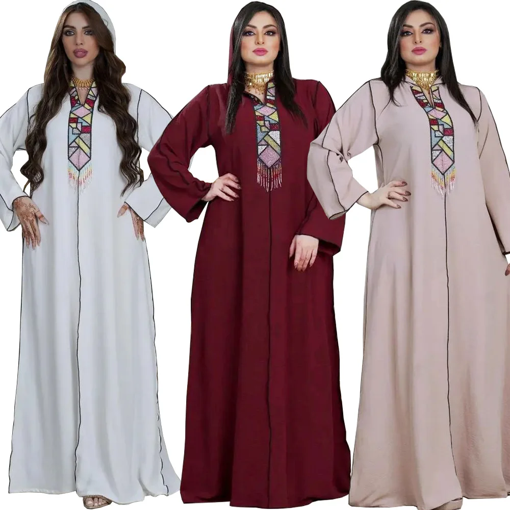 

Muslim women's Middle East hooded hand beaded hanging beard Jalabia Dubai Arabian robe turkish dresses maxi dress dubai abaya