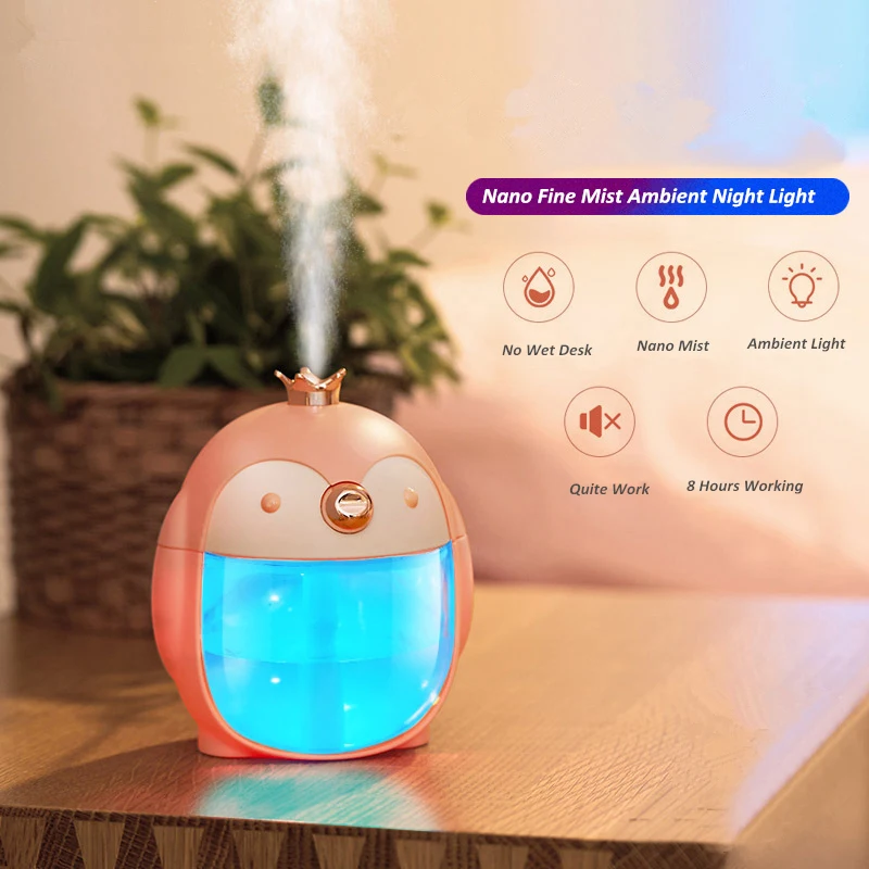

300ml Portable Cute Penguin Diffuser Aromatherapy Essential Oil Humidifier Ultrasonic Humidifier Color Night Lamp Home Fogger