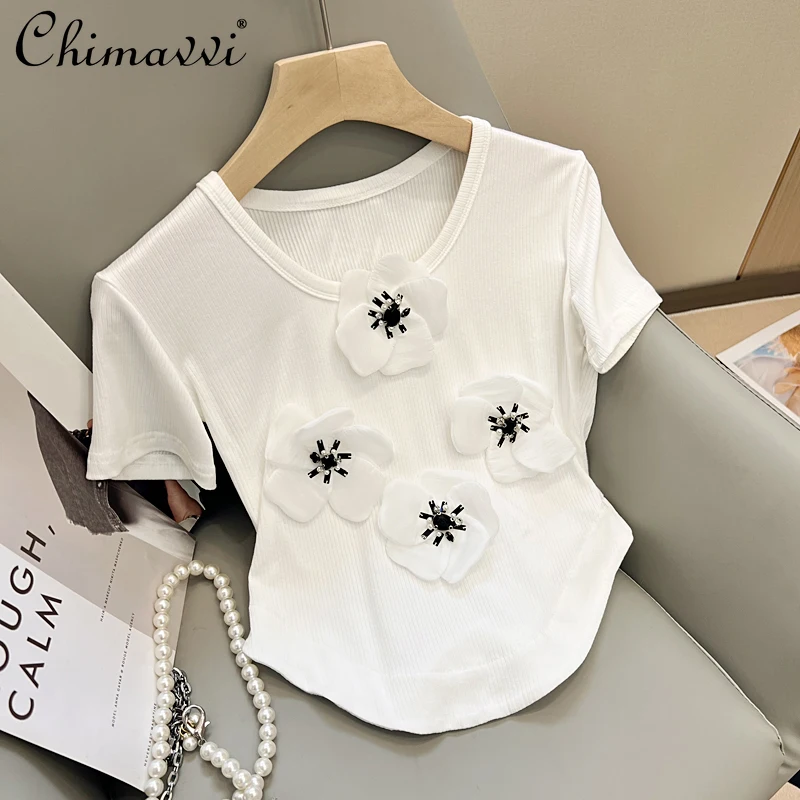 

Женская футболка с коротким рукавом, элегантный трикотажный короткий топ с трехмерными цветами и круглым вырезом, лето 2022