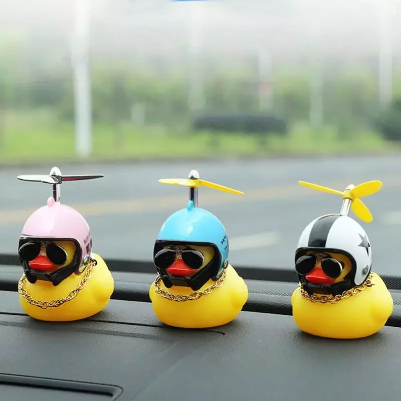 

Car Duck With Helmet Broken Wind Small Yellow DuckCar Dashboard Decoration Toys Chain Doll Car Accessories Decor With Lights