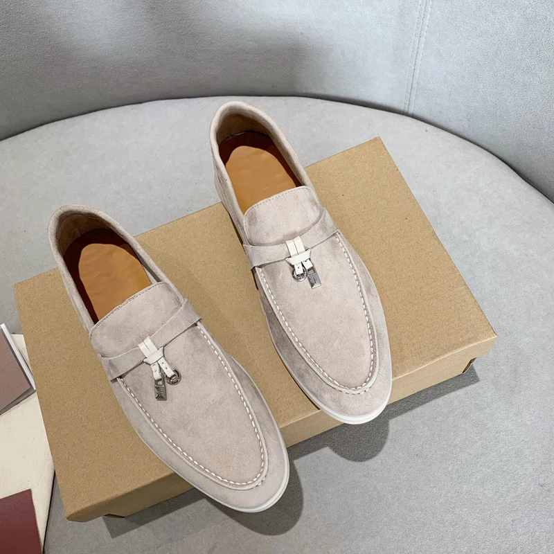 Designer Suede Women loafers 2023 Summer Men Flat Shoes Metal Lock Slip-on Causal Moccasin Comfortable Mules lazy shoes
