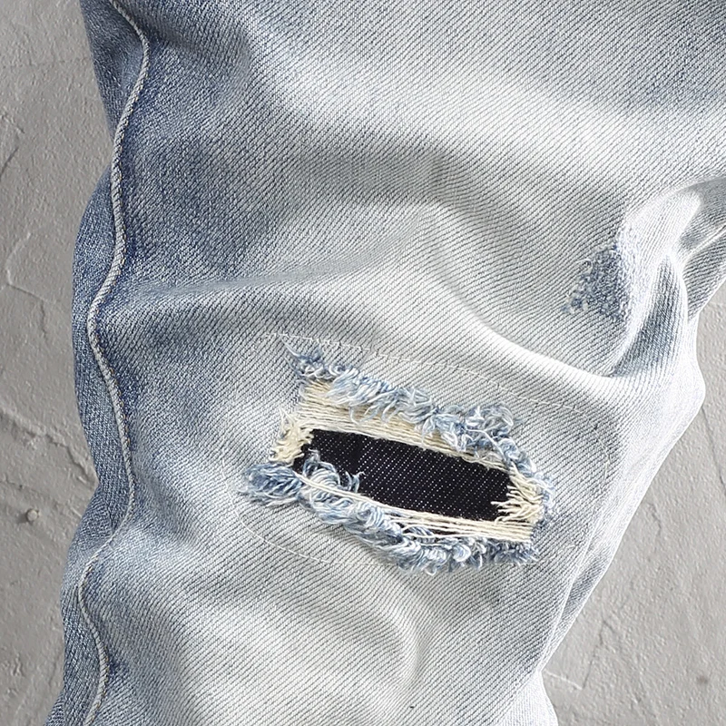 Street Fashion Men Jeans Retro Washed Light Blue Elastic Stretch Slim Fit Ripped Jeans Men Patch Designer Hip Hop Denim Pants