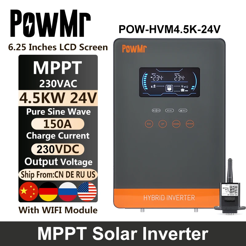 

PowMr 4.5KW Hybrid Solar Inverter 24V 230VAC With 6.25 Inches LCD Screen & Touch Buttons Display & MPPT 150A Charger Controller