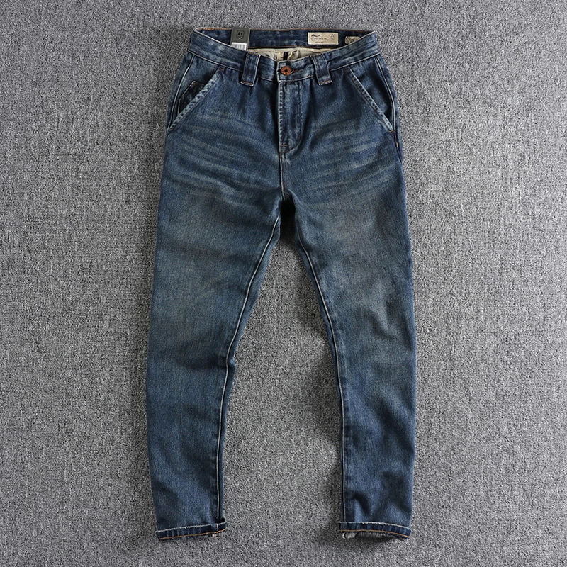 Heavy wash worn blue cotton denim jeans men, n retro trend loose straight tube youth long pants