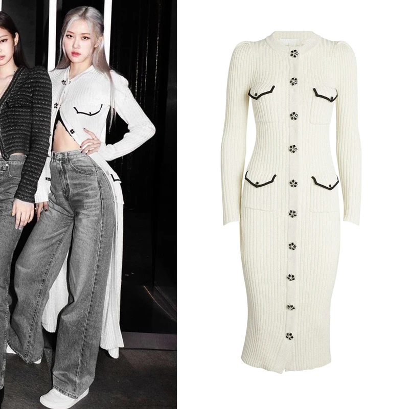 

Kpop ROSE Vintage Knitted Long Sleeve Dresses Women Slim Bodycon Dress Lady Korean Elegant Spring Fall Button V Neck Midi Dress