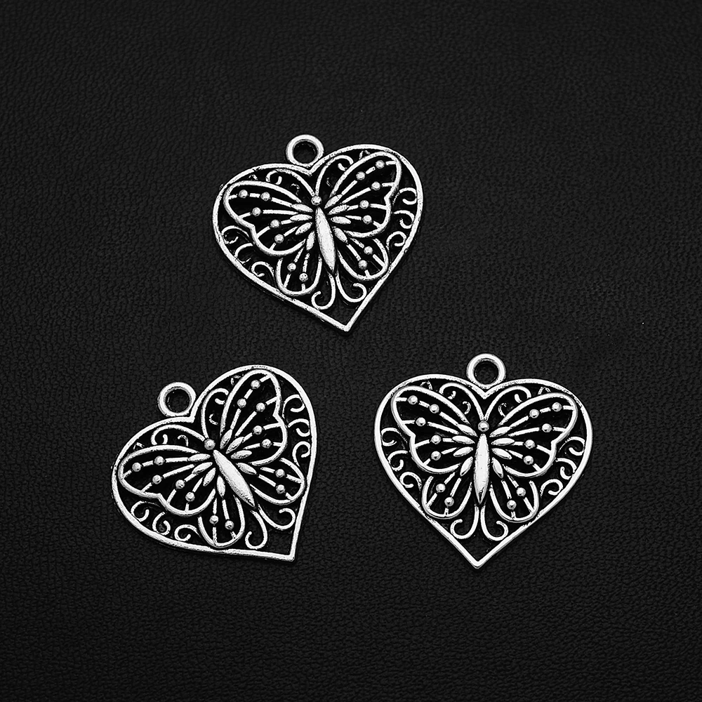 

10pcs/Lot 22x22mm Antique Silver Plated Heart Butterfly Filigree Charm Hollow Insect Pendant For Diy Jewelery Accessories Crafts