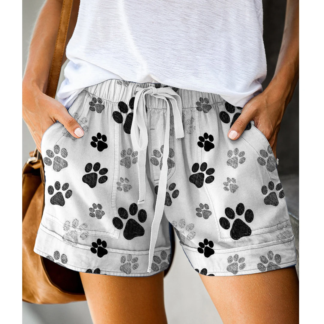 Women Shorts Simple Women Drawstring Loose Pockets Mini Shorts for Travel Summer Shorts Cute Little Animal Paw Print Shorts