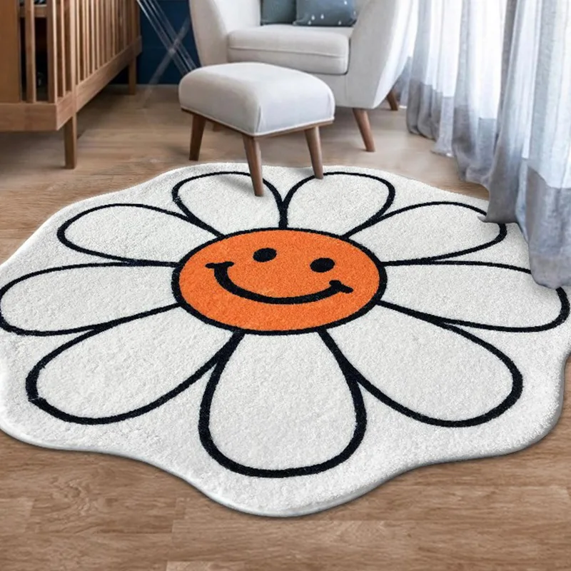 

Cute Flower Rug Pink Rug Bedroom Smile Floral Carpet Round Carpet Living Room Absorbent Coffee Table Rug Home Fluffy Rug