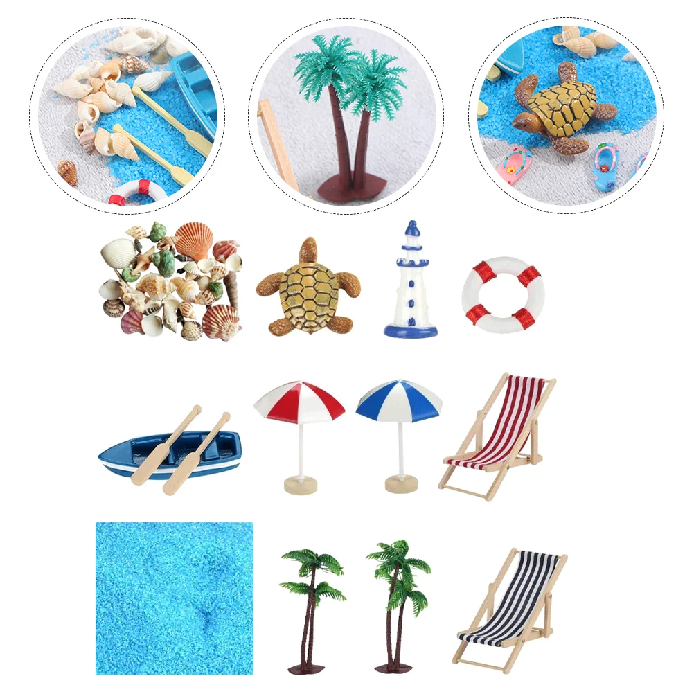 

Beach Mini Miniature Figurines Boat Accessories Sea Ocean Shells Umbrella Sandbox Decor Fairy Themed Style Chair Tree Gardens