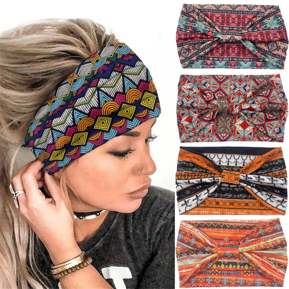 

New Boho Flower Print Wide Headbands Vintage Knot Elastic Turban Headwrap For Women Girls Cotton Soft Bandana Hair Accessories