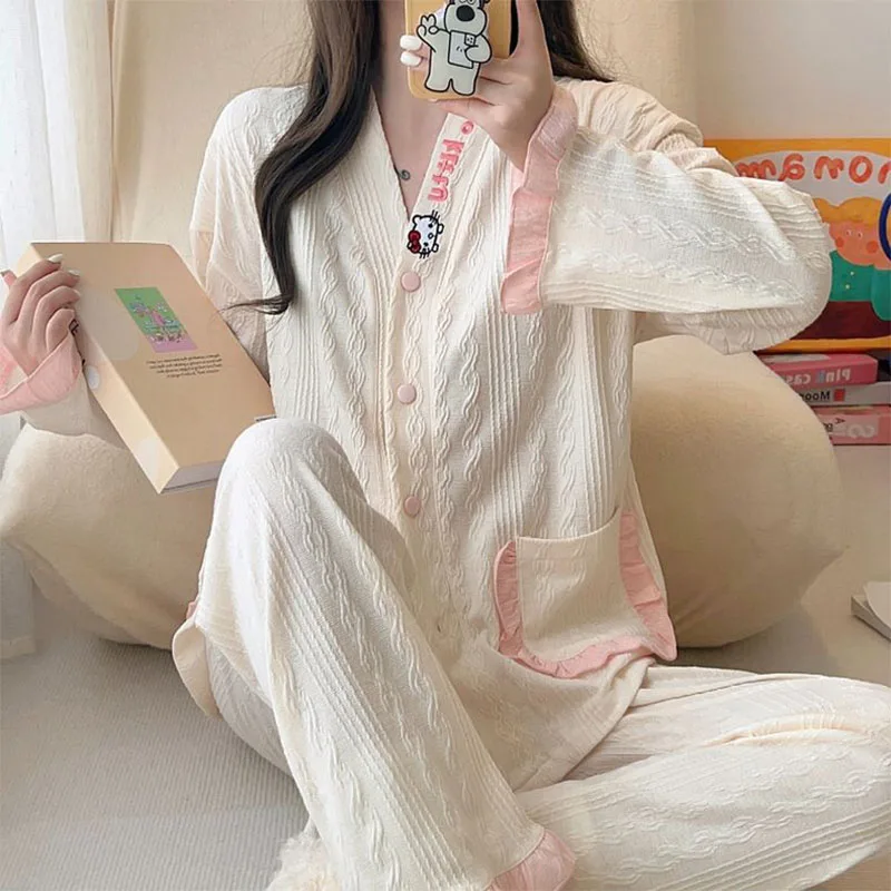 

Kawaii Sanrioed Anime New Hellokittyed Spring and Autumn Long Sleeve Cotton Pajamas Cute Cartoon Cardigan Casual Home Clothes