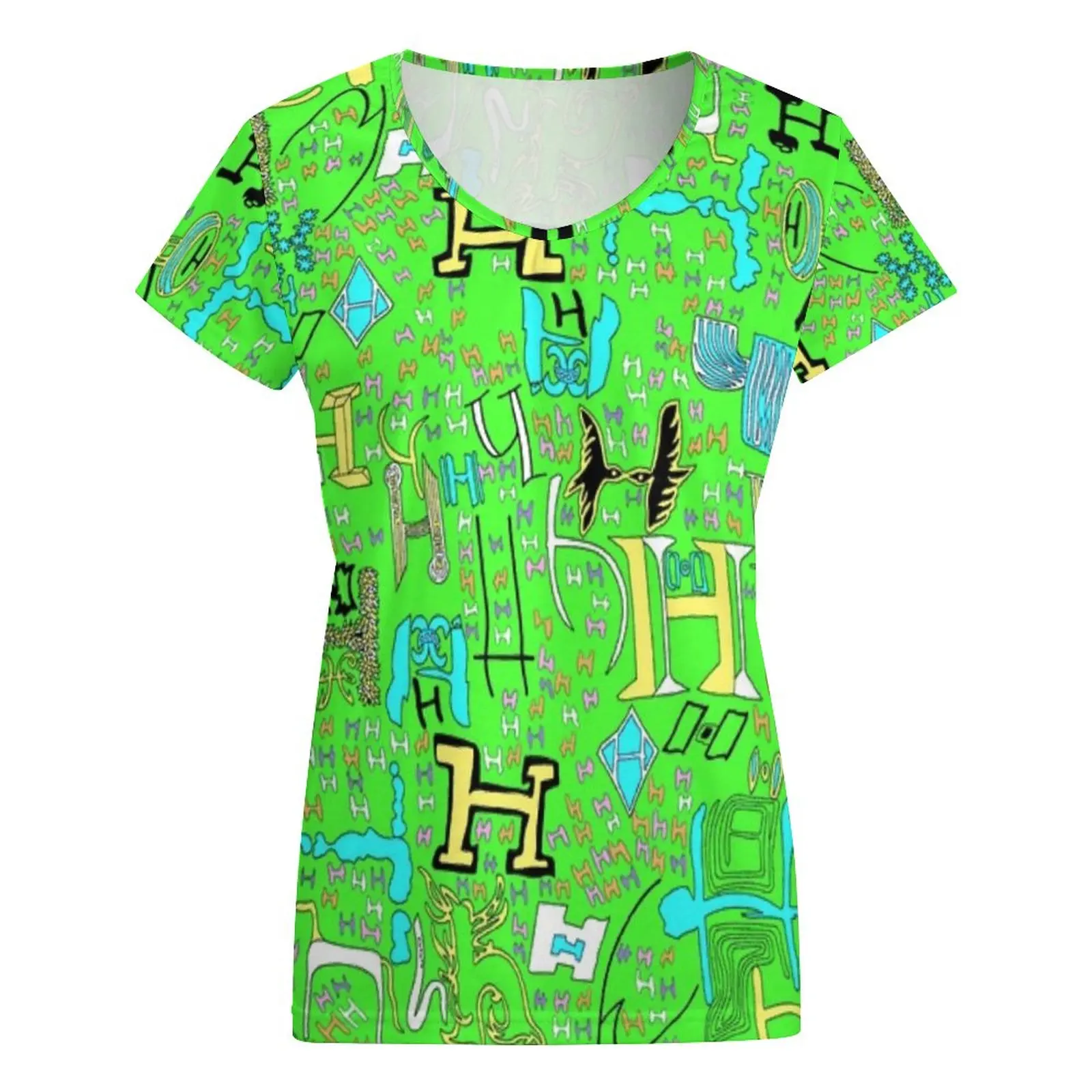 

Женская футболка с коротким рукавом, V-образным вырезом и принтом граффити