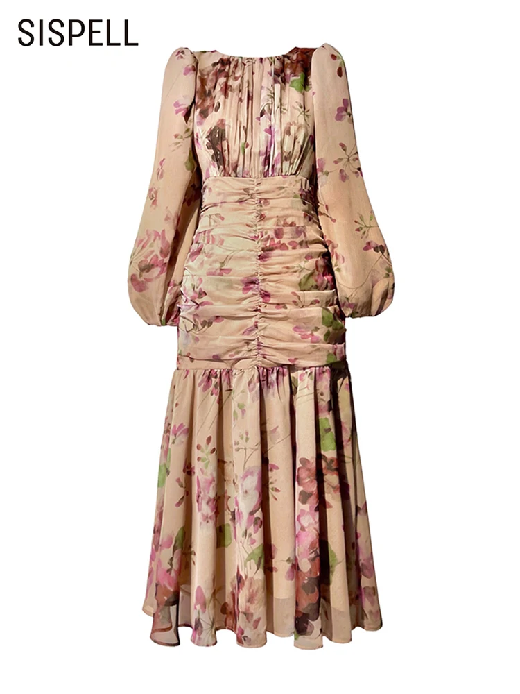 

SISPELL Print Colorblock Ruched Dress For Women Round Neck Lantern Sleeve High Waist Loose Midi Dresses Female Spring Clothing