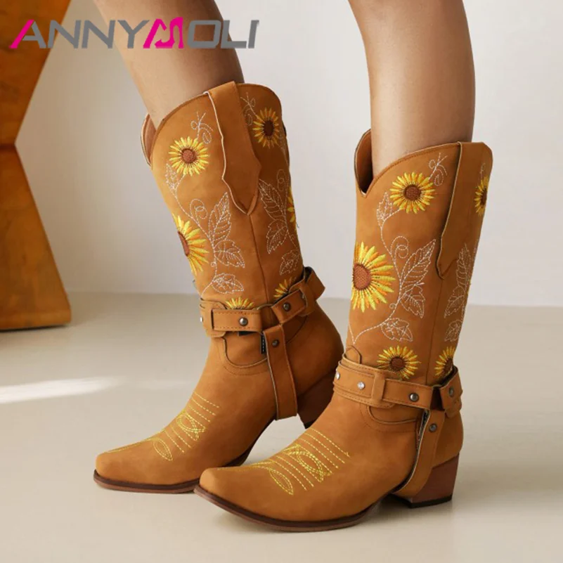 

ANNYMOLI Women Pu Leather Western Boots Mid Calf Boots Thick Heel Pointed Toe Cryst Buckle Sexy Winter Autumn Shoes Browm 34-43