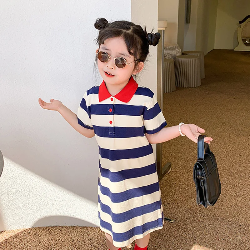 

Платье для девочек в европейском и американском стиле, летняя новая детская одежда, платье-футболка, детское платье в полоску