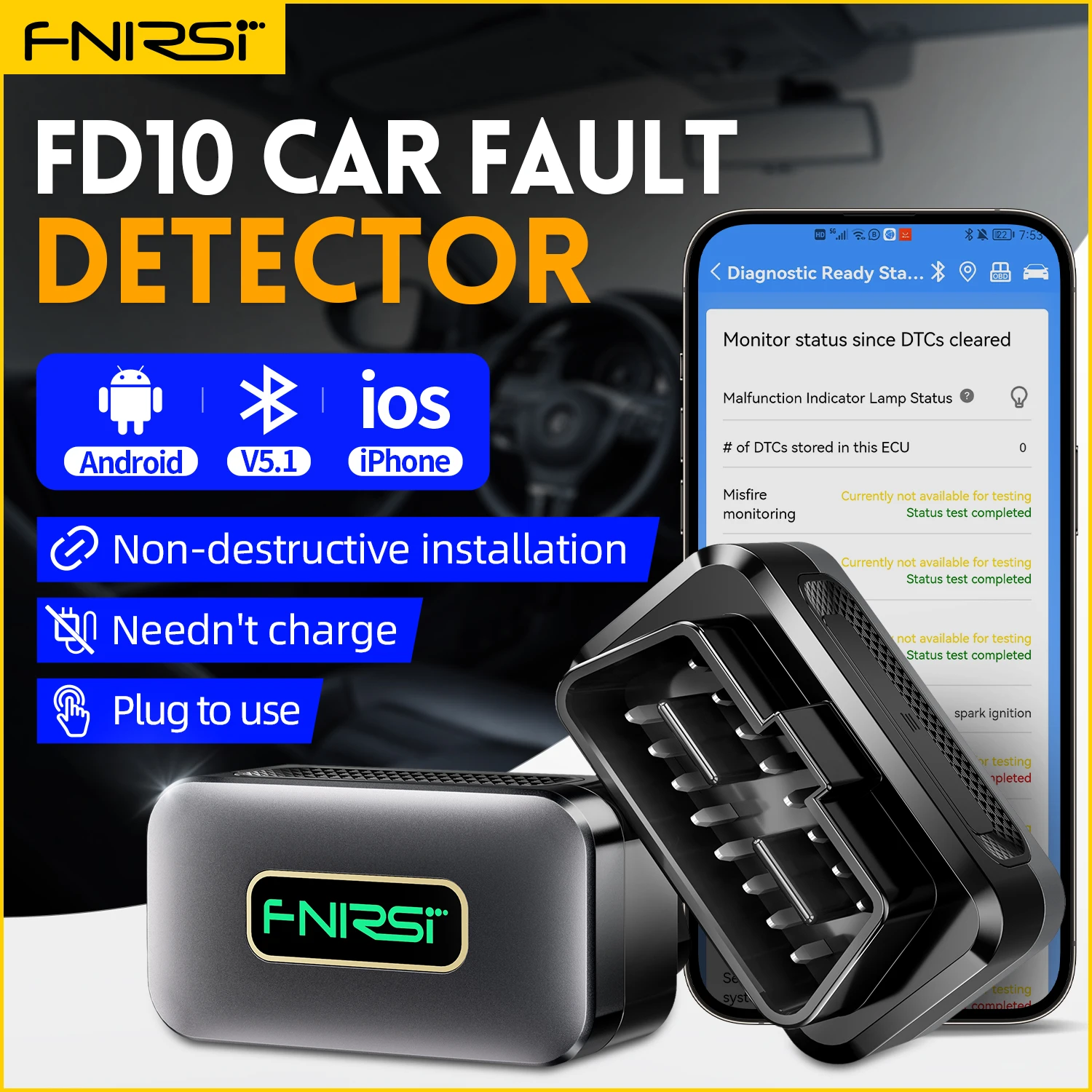 

FNIRSI FD10 Car OBD2 Scanner Code Reader Clear Error OBD Diagnostic Tool IOS Android BluetoothV5.1 Check Engine Light Car Repair