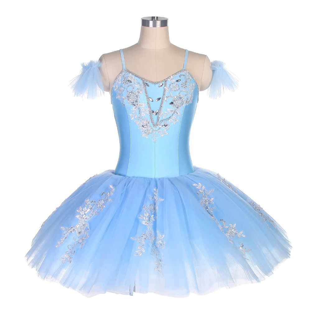 

BLL031 Sky Blue Spandex Top Bodice Pre-professional Ballet Tutu for Girl/Women Spandex with Silver Applique Trim Ballerina Tutu