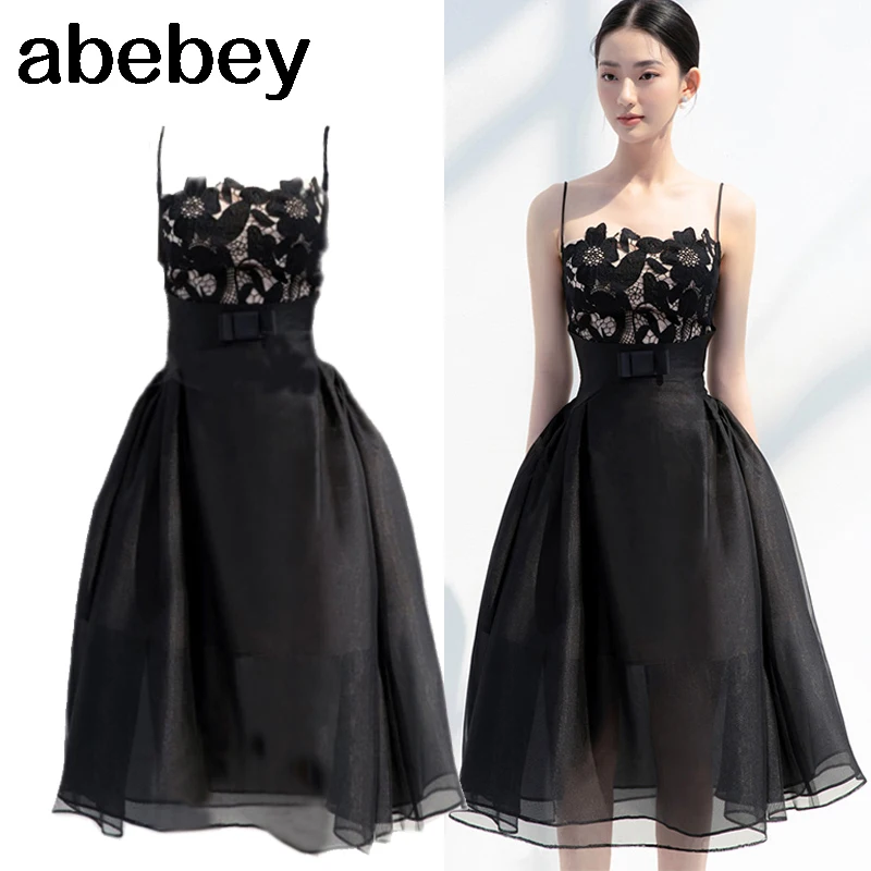 

Designer Fashion Lace Flower Black Party Night Dresses Summer Strap Princess A Line Ball Gowns Lady Vestidos Zevity Hot