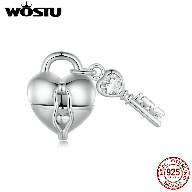 

WOSTU 925 Sterling Silver Open Heart Lock Key Charm Pendant Fit DIY Bracelet Necklace Unique Love Gift For Mom girl friend Wife