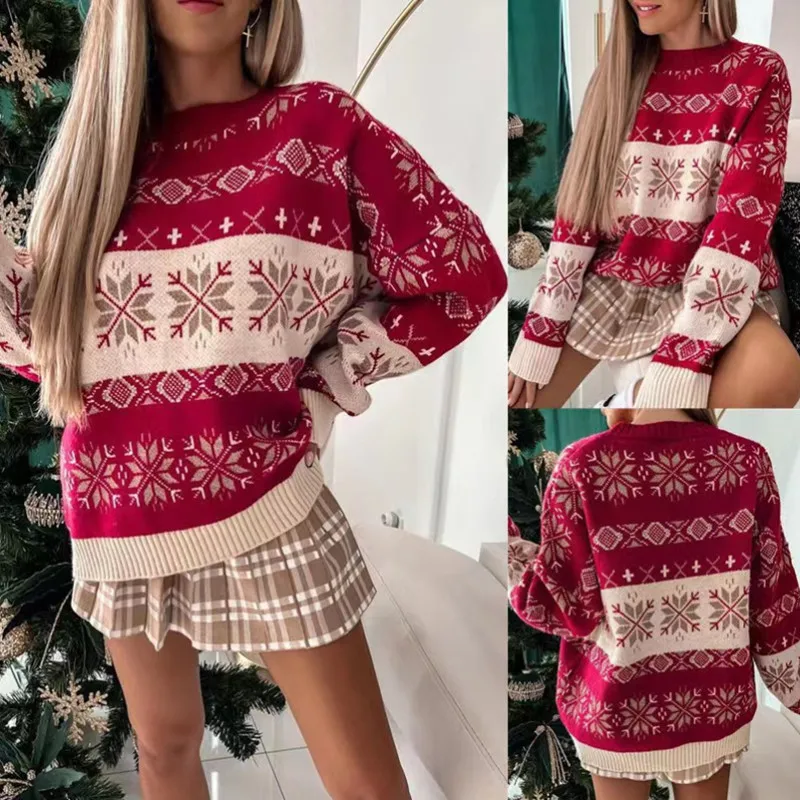

2022 Christmas Women's Sweater New Loose Round Neck Print Pullover Long Sleeve Women's Sweater Ladies