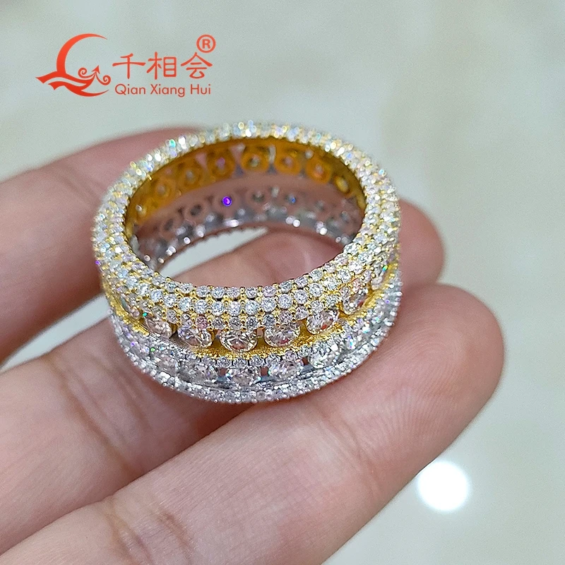 11.8mm Double color yellow and silver three full Moissanite Ring Round Brilliant Diamonds Engagement  Male women Wedding Jewelry