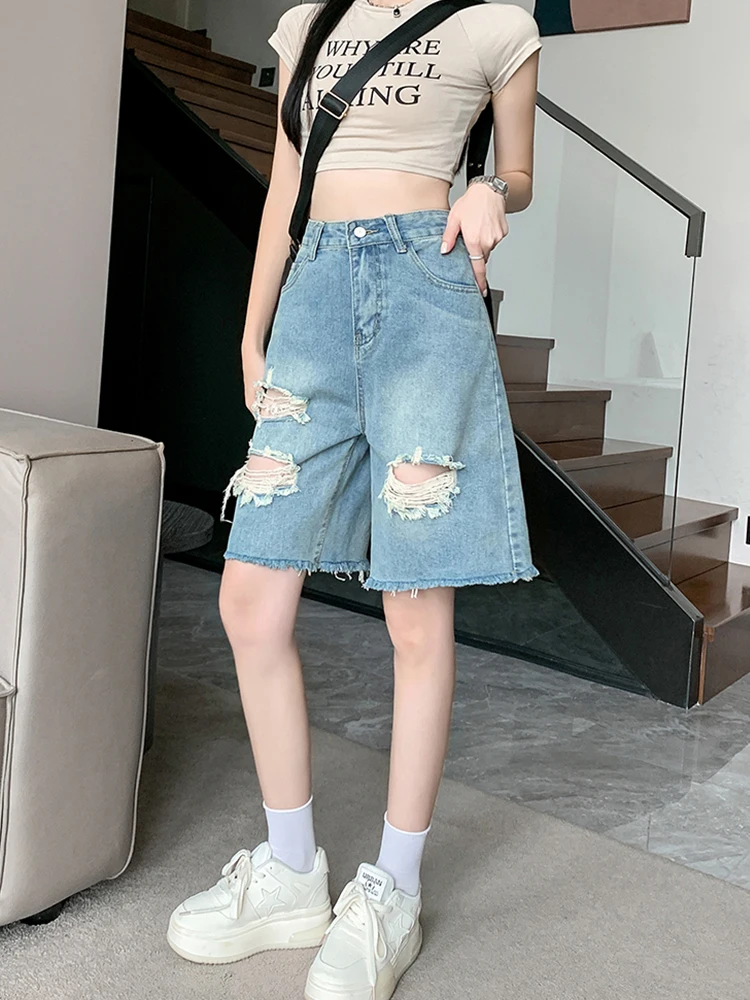 Streetwear Women High Waist Hole Frayed Retro Denim Shorts Spring Summer Female Wide Leg Raw Hem Jeans Shorts Bottoms
