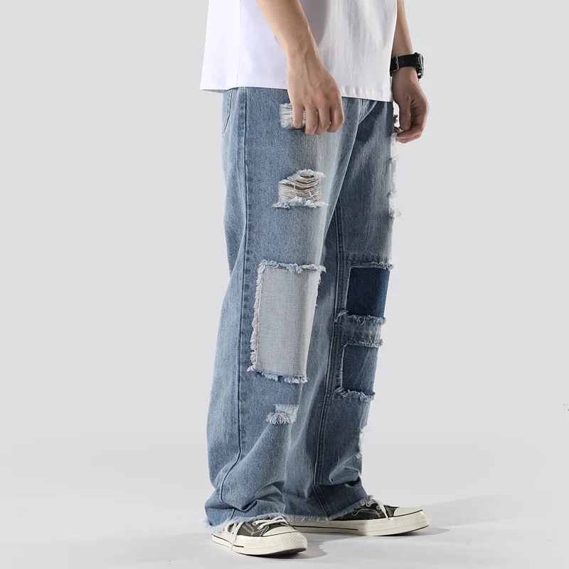 Men's Jeans Holes Loose Straight Old Patch Beggars Pants Hip Hop Trousers Full Length Denim Pants Streetwear Men